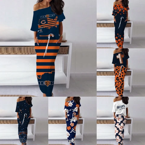 Chicago Bears Off Shoulder Short Sleeve Tops Drawstring Skirt Ladies 2PCS Set Cover