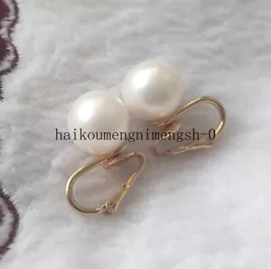 Charming 11.5-12mm Natural White South Sea Round Pearl Earrings 14k Solid Gold - Picture 1 of 6