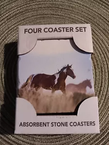 Cracker Barrel 4 Highland Home Absorbent Stone Coasters Wild Horses Brown Cream - Picture 1 of 3