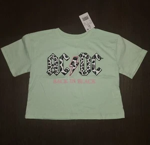 NEW GIRLS SAGE GREEN ACDC AC/DC CROPPED T-SHIRT SIZE XS  - Picture 1 of 2