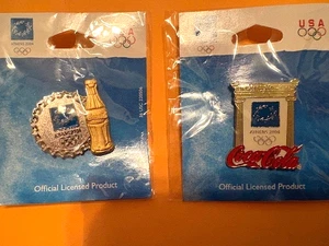 ATHENS OLYMPIC PIN 2 COCA COLA SPONSOR  GREEK RUINS & 3D GOLD BOTTLE SILVER LOGO - Picture 1 of 1