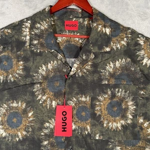 Camisa HUGO Boss Para Hombre Grande Verde Estampado Girasol Manga Corta Cuello de Campamento Algodón - Imagen 1 de 9