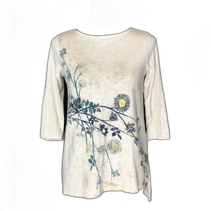 Pure Jill Top XS Heather Beige Floral Blue Tee Shirt Asymmetric HI LO Stretch  - Picture 1 of 8