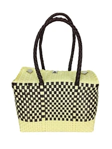 Vintage Yellow Brown Mexican Woven Basket Handbag Purse Tote Bag - Picture 1 of 9