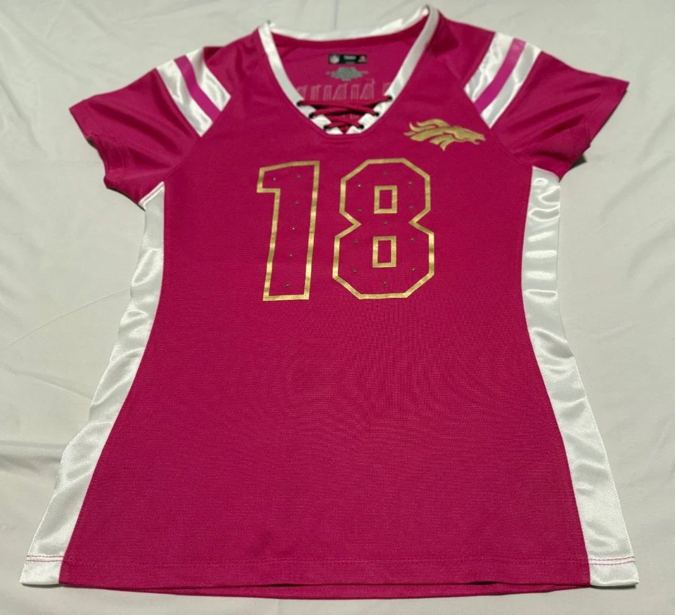 Ropa del equipo de la NFL Denver Broncos Peyton Manning-retirado-#18-camiseta rosa para mujer-M Foto 1 de 4