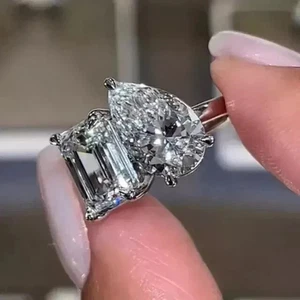 Lab Created 4Ct Pear & Emerald Cut Toi Et Moi Wedding Ring 14K White Gold Plated - Picture 1 of 9