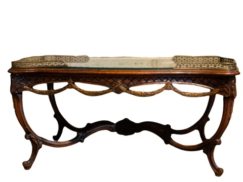 Inlaid and Carved Vintage Coffee Table with Glass Cover