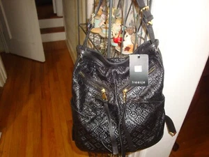 NWT TREESJE BLACK WOVEN LEATHER BUCKET SHOULDER HANDBAG PLUS DUSTBAG 13" X 15" - Picture 1 of 14
