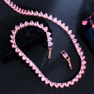 浪漫粉红色心形立方锆石网球项链镀玫瑰金新娘珠宝首饰 — 第 1/4 张图片