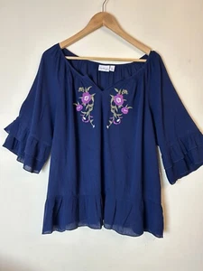 Kim Rogers Tunic Size PXL Folkloric Navy Floral Embroidered Bell Sleeves NWT  - Picture 1 of 8