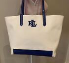Ralph Lauren Goldie Natural White Blue Canvas Leather Tote Handbag