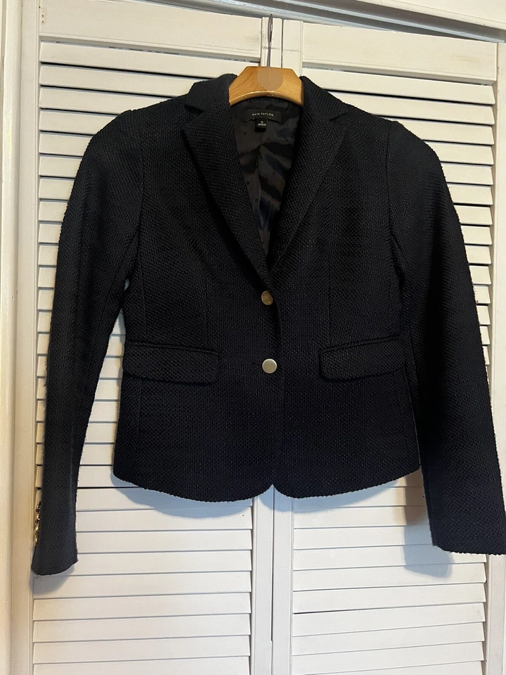 ANN TAYLOR Women’s Size 0 Suit Jacket Blazer Navy Blue Tweed Two Button - Image 1 of 4