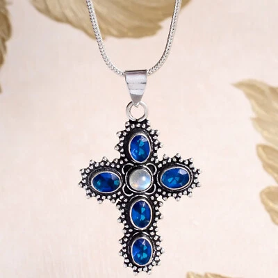 Tanzanite & Labradorite Gemstone Cross 925 Sterling Silver Easter Gift Pendant - Image 1 of 4