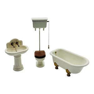 Antique 3Pc German Dollhouse Miniature Bathroom Pull Chain Toilet Bathtub Sink - Picture 1 of 12