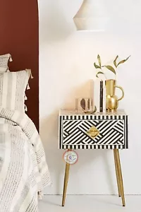 Bone Inlay Criss Cross Bedside Table | Bone Inlay Nightstand with 1 Drawer - Picture 1 of 11