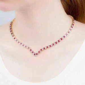 15Ct Princess Lab Created Red Ruby Tennis Necklace 14K White Gold Plated 18"In - Picture 1 of 5