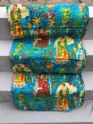 Turquoise Cotton Kantha Quilt Handmade Indian Bedspread Hand Block Frida Kahlo - Image 1 of 4
