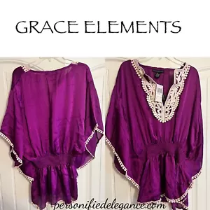 NUEVO Grace Elements Magenta Satin White Crochet Trim Blusa Top Size XL $49 - Imagen 1 de 12