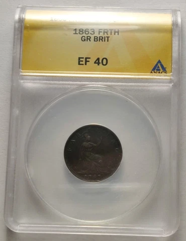1863 ANACS EF XF 40 Great Britain Farthing 1/4p Rare High Grade Bronze Coin 3B Cover