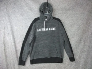 American Eagle Hoodie Mens Large Gray Black Pullover Logo Spell Out Sweatshirt - Picture 1 of 14
