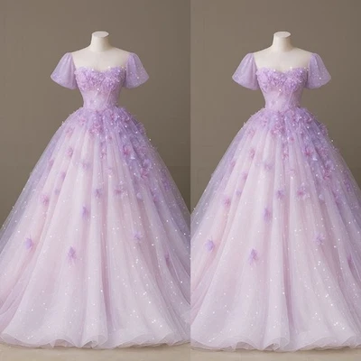 Sparkly Light Purple Wedding Dresses with Florals Short Sleeves Bridal Gowns - Image 1 of 4