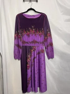 Vintage 70's Purple Floral Long Sleeve Aline Midi Dress USA Large Pleated Boho - Picture 1 of 15