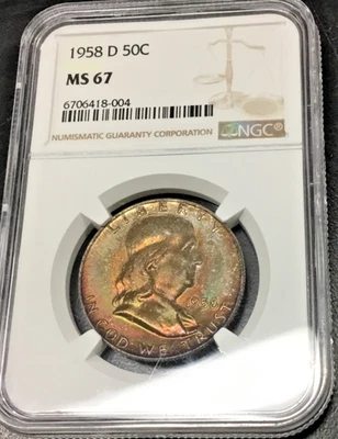 1958-D Franklin Half Dollar RAINBOW Toning NGC MS67 RARITY COLORFUL HIGH GRADE - Image 1 of 4