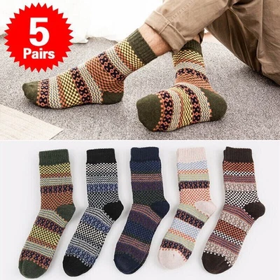 5 Pairs Mens Thick Socks Wool Thermal Warm Knitting Nordic Ladies Socks Winter - Image 1 of 4