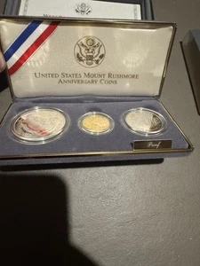 1991 U.S Mint Mount Rushmore Anniversary Gold & Silver 3 Coin Proof Set OGP COA - Picture 1 of 7