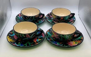 Set of 4 EMAUX DE LONGWY French Enamel Floral Cups & Saucers - Picture 1 of 7