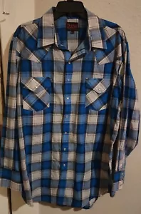 Plains Western Pearl Snap Button Up Shirt Blue Plaid Size XL TALL. Excellent - Picture 1 of 5
