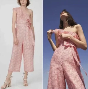 Club Monaco Lene Jumpsuit Sz 4 One Shoulder Ruffle Red White Floral Belted Crop - Picture 1 of 12
