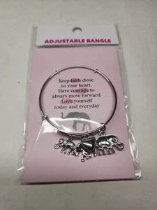 Stainless Steel Adjustable Bangle Elephant Charm Bracelet - Picture 1 of 2