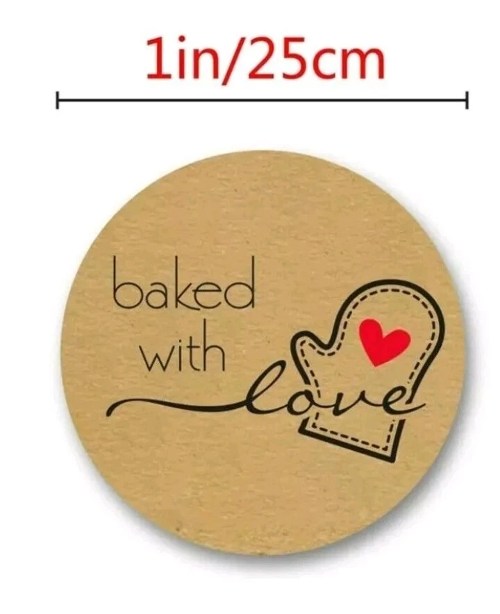 500 kleine braune runde Sticker 25 mm baked with love Backen DIY Aufkleber  - Bild 1 von 1