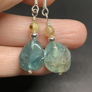 Blue & Yellow Apatite Genuine Stone Handmade Earrings  Crystal healing - Picture 1 of 11