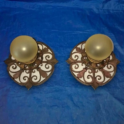 Wired Pair Early Arts & Crafts Brass Deco Flush Mount Fixtures 26B - Image 1 of 4