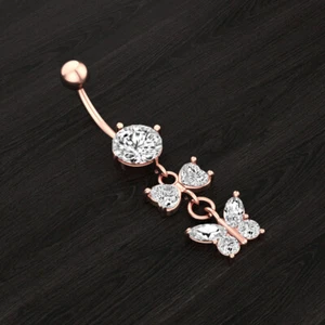 Butterfly Belly Button Piercing Bars Barbell Navel Dangle Drop Bar Silver/Gold  - Picture 1 of 18
