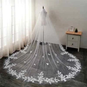 1 Tier Bridal Veils Wedding Veils Lace Appliques Cathedral Length with Comb - Picture 1 of 22