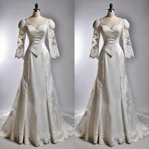 Vintage Mermaid Wedding Dresses Beaded Lace Half Sleeve Sweep Train Bridal Gowns - Picture 1 of 9