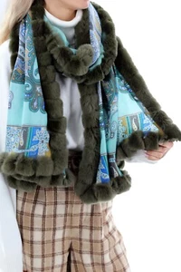 La Fiorentina Paisley Print 100% Wool Wrap with Rex Fur Trim - Olive - Picture 1 of 5