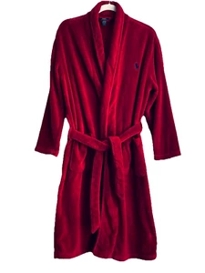 Bata de baño Polo Ralph Lauren roja de felpa polar azul pony para hombre pequeña/mediana - Imagen 1 de 12