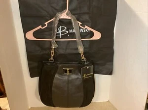 B. Makowsky Black Leather And Suede Shoulder Bag Purse Handbag New With Tags Zip - Picture 1 of 23