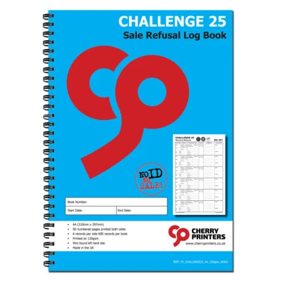 CHERRY PRINTERS Cherry Challenge 25 Sale / Alcohol Refusal Log Book A4 50page 120gsm Spiralbound