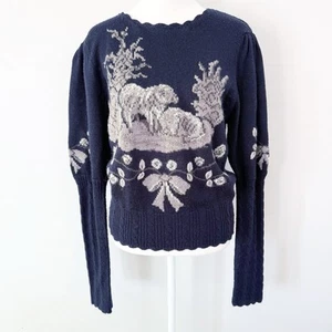 Vintage Wollmischung Natur Neuheit Druck Puffärmel Pullover Damen kleines Landhaus - Bild 1 von 8