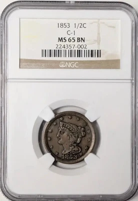 1853 Half Cent 1/2c NGC MS-65 BN C-1 - Image 1 of 2