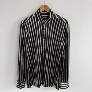 Phix Shirt Men’s Medium Striped Black Silver Long Sleeve Velvet Button Up - Picture 1 of 15
