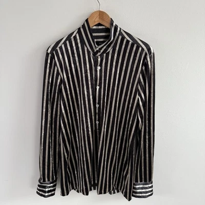 Phix Shirt Men’s Medium Striped Black Silver Long Sleeve Velvet Button Up - Image 1 of 4