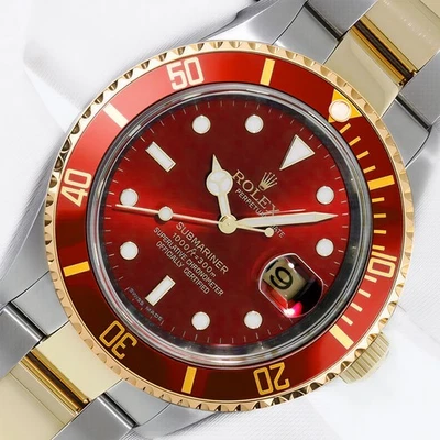 ROLEX SUBMARINER ДАТА 16613 КРАСНЫЙ ЦИФЕРБЛАТ 18K ЗОЛОТО СТАЛИ 2-ТОННЫЙ 40 ММ УСТРИЧНЫЙ ЧАСЫ - Изображение 1 из 4