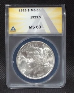 1923 Peace Silver Dollar ANACS MS63, Die Break Reverse Above the Eagle Eye #9600 - Picture 1 of 4
