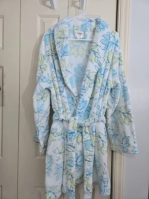 Sonata de otoño CHARLOTTE blanco/verde azulado/amarillo albornoz de felpa con bolsillos RARO Foto 1 de 4